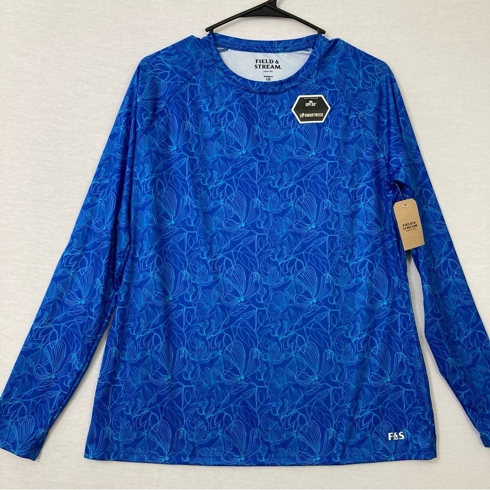 New Field &‎ Stream Blue Floral UPF 30 Smartwick Long Sleeve Top Large